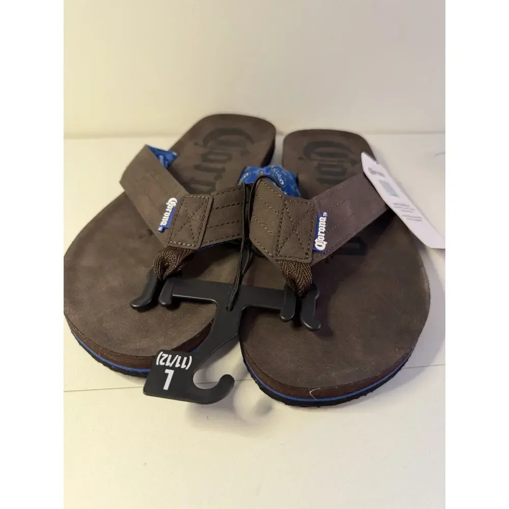NWT Corona Extra Mens Flip Flops Sandals Size L 11 12 Brown Blue NEW Vacation